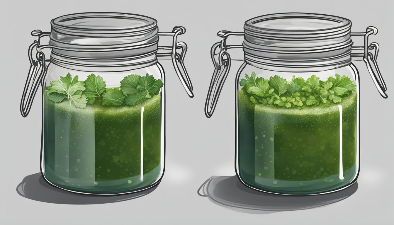 A jar of watery chimichurri sauce is being thickened and preserved with ingredients being added