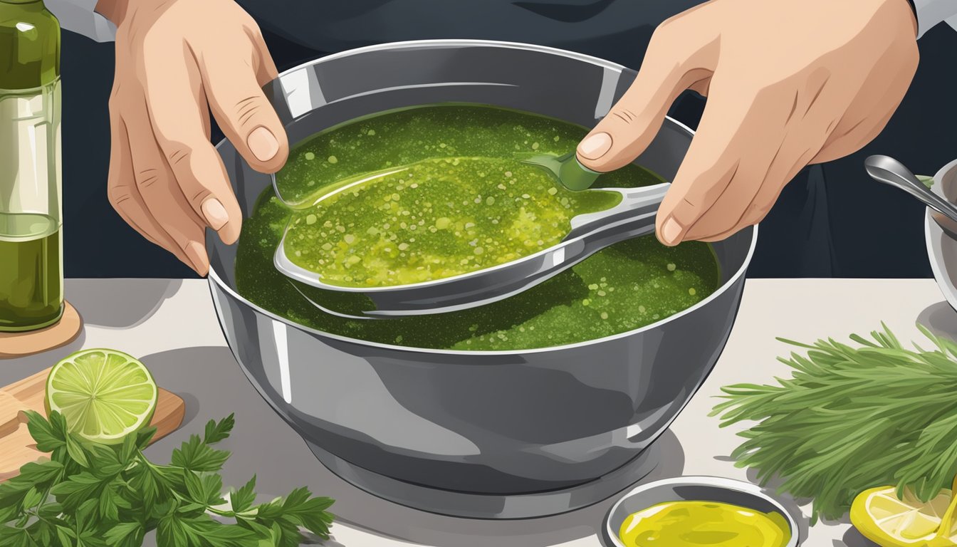 A chef pouring olive oil into a bowl of watery chimichurri, adding herbs and spices to enhance flavor and thicken the sauce