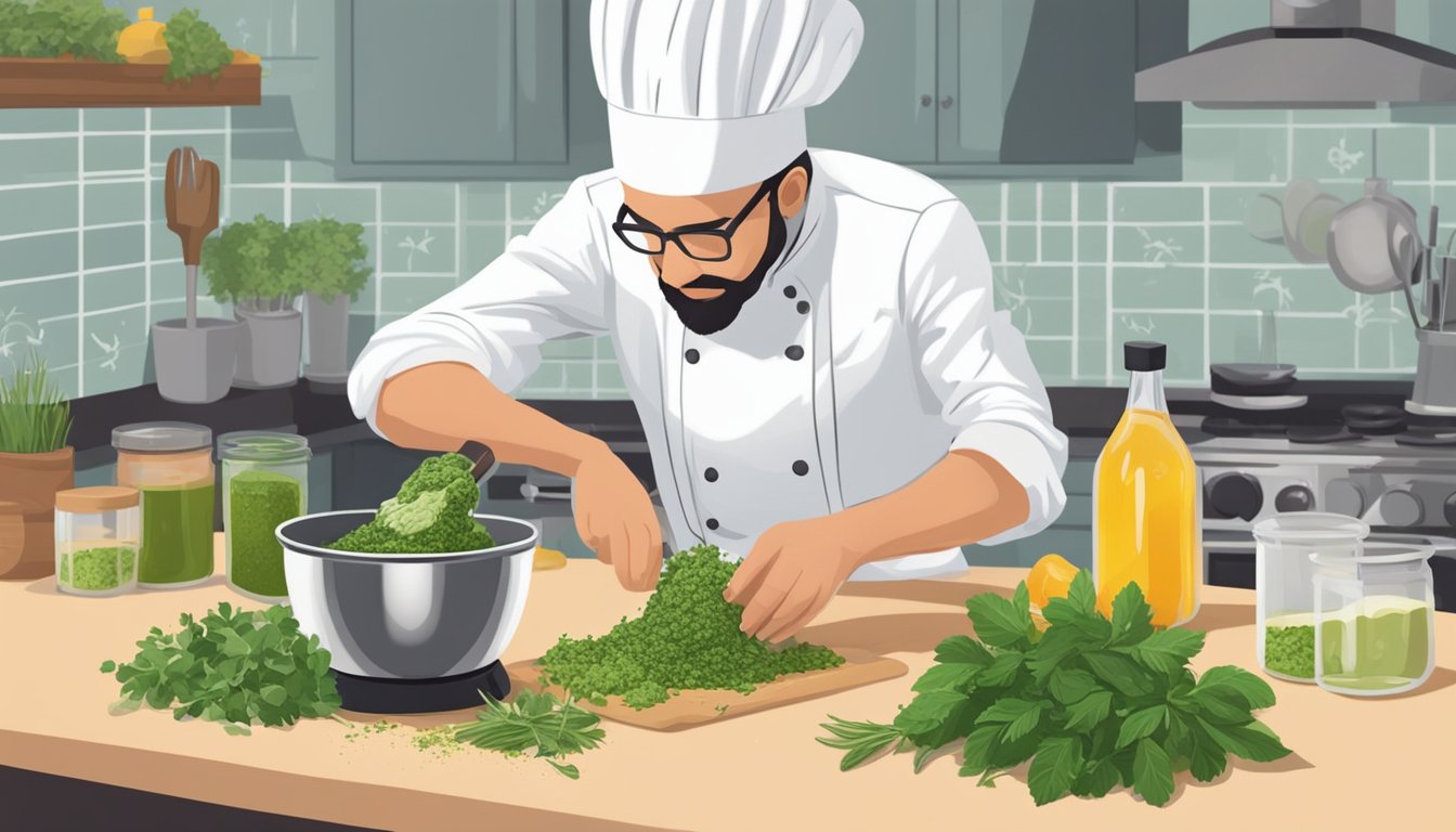 A chef adding fresh herbs and oil to a blender, creating a thick chimichurri sauce