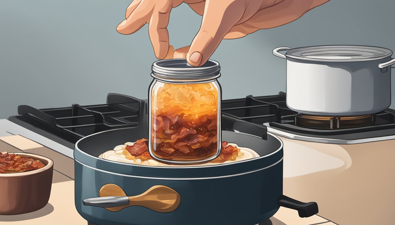 A jar of bacon jam sits on a stovetop, smoke rising from burnt bacon. A hand reaches in to save the jam