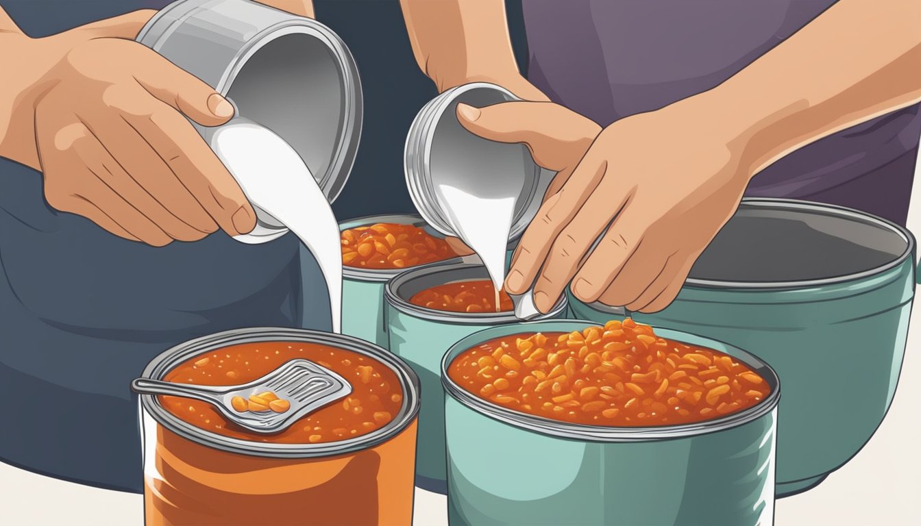 A person pouring a small amount of sugar into a pot of canned chili to balance out the overly salty flavor