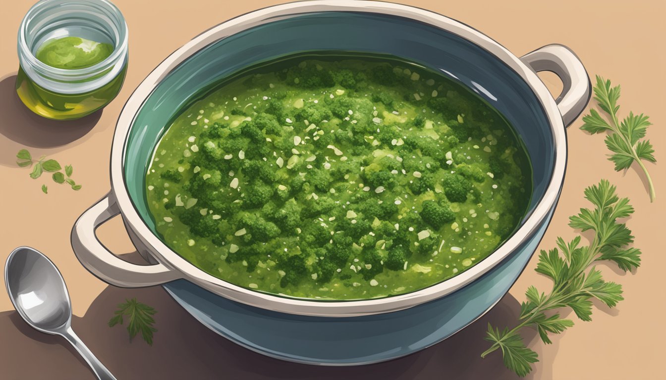 A bowl of watery chimichurri sauce being thickened with added herbs and oil