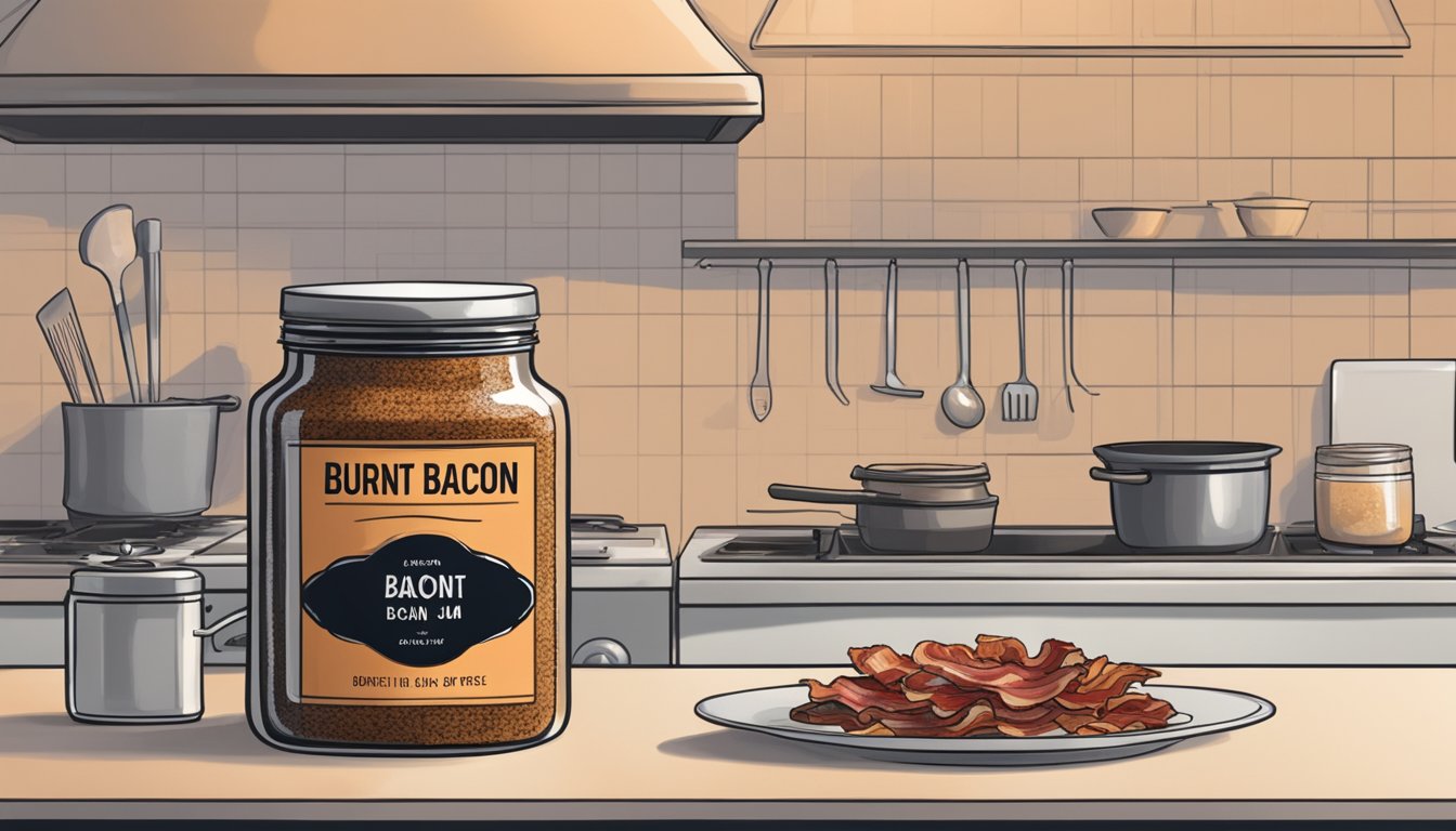 A pot on a stove with sizzling bacon, onions, and spices, creating the perfect bacon jam. A jar labeled "burnt bacon jam" sits on the counter