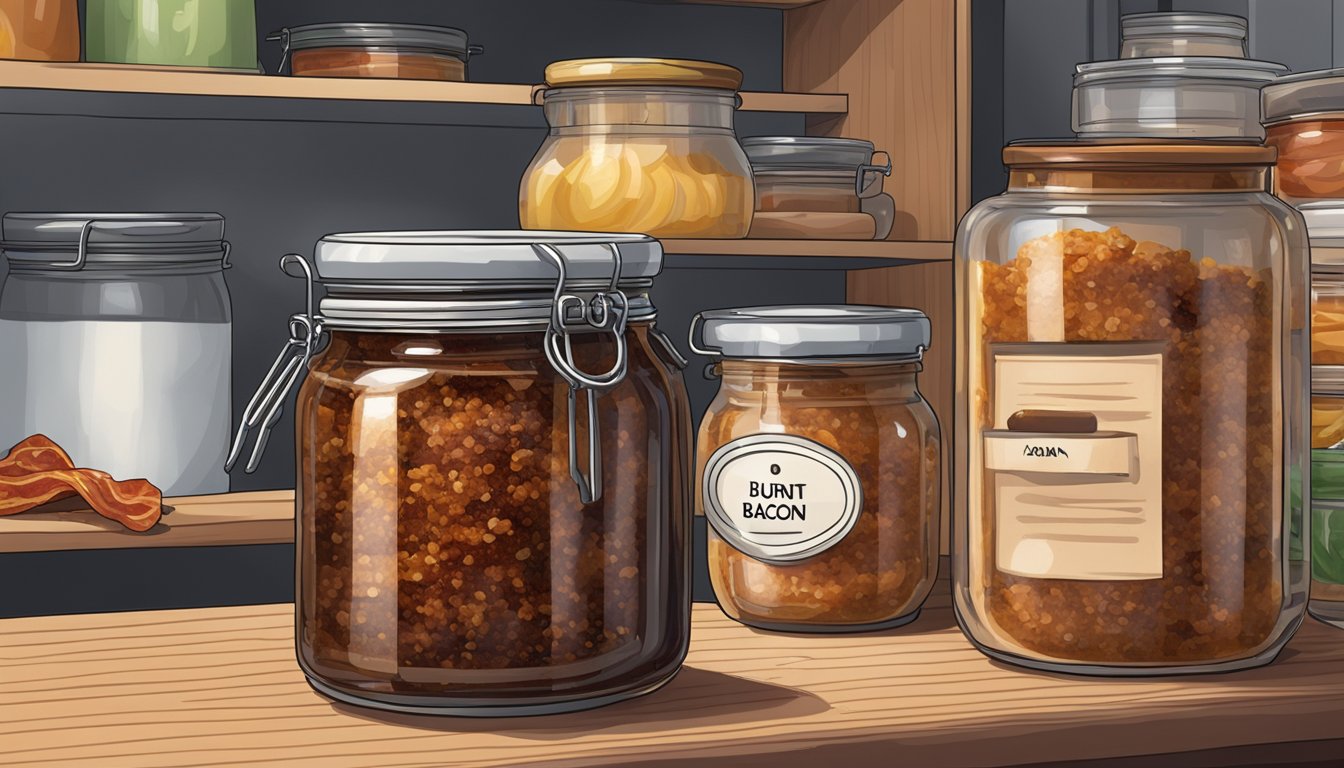 A jar of burnt bacon jam being sealed and stored in a pantry