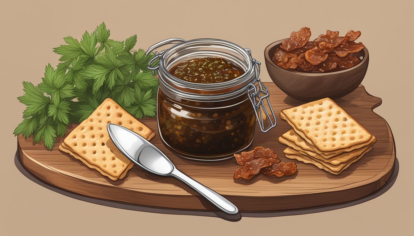 A rustic wooden board with a jar of burnt bacon jam, accompanied by fresh herbs, crackers, and a small spoon