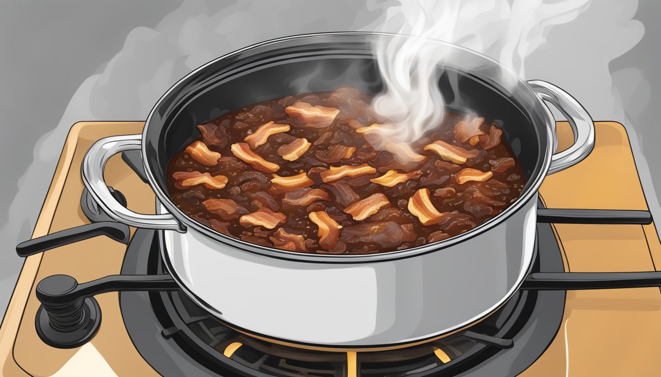 A pot of burnt bacon jam on a stovetop with smoke rising