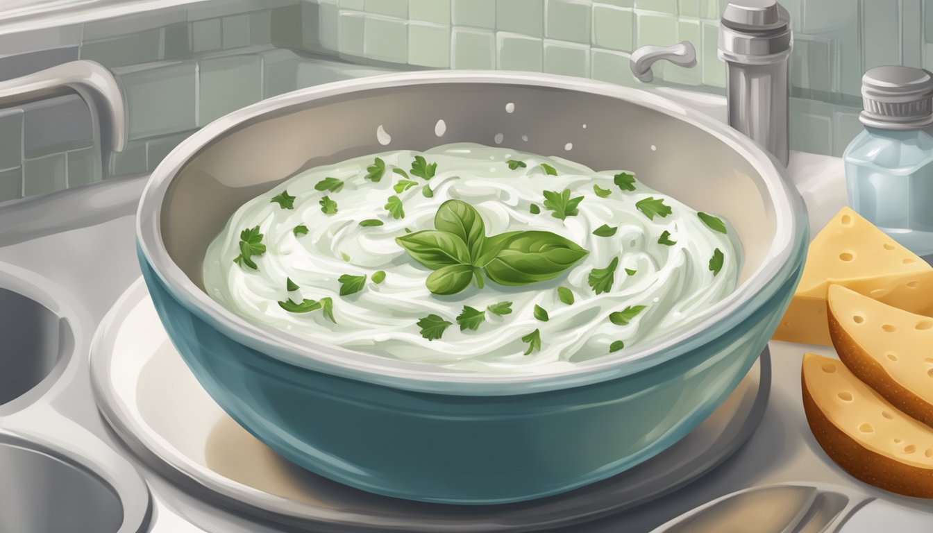 A bowl of tzatziki sauce with excess liquid being strained out using a cheesecloth over a sink