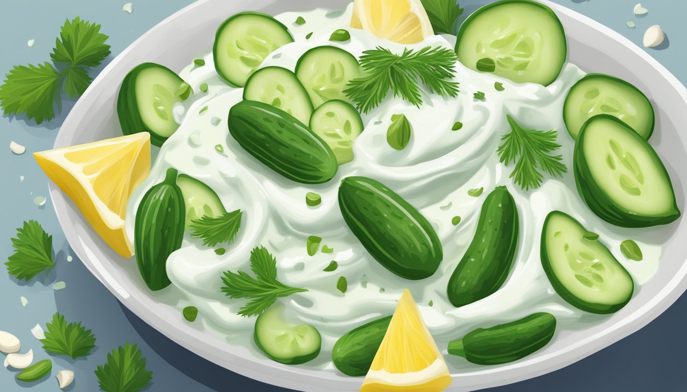 Fresh cucumbers, Greek yogurt, and garlic cloves being blended together to thicken tzatziki sauce. Lemon juice and dill added for flavor