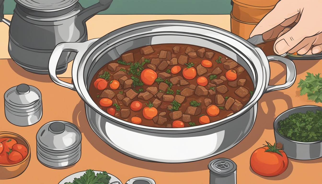 A hand pouring a can of diced tomatoes into a bubbling pot of beef stew, with various herbs and spices laid out on the counter nearby