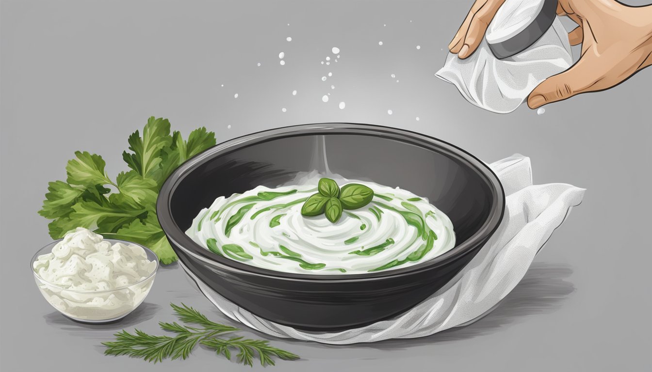 A bowl of tzatziki sauce with excess liquid being strained out through a cheesecloth, while a hand squeezes the cloth to remove the water