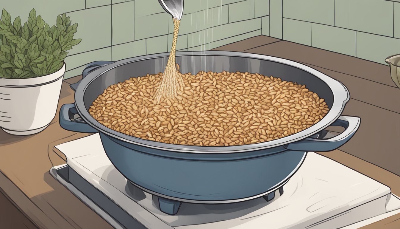 A pot of overcooked farro being drained and rinsed under running water