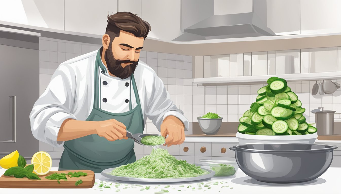 A chef adds grated cucumber to thickened tzatziki sauce in a bowl, stirring vigorously. Nearby, a container of salt and a lemon sit on the counter