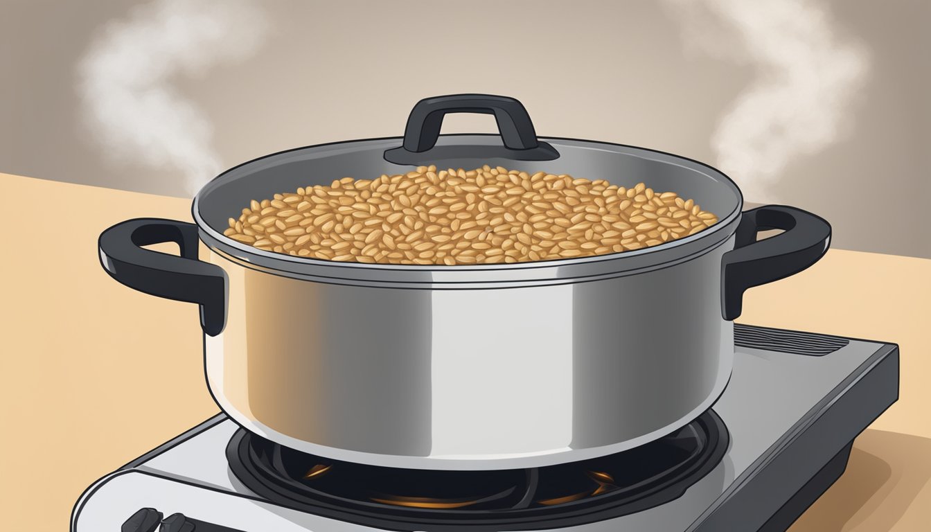 A pot of farro boiling over on a stovetop, with steam rising and grains spilling onto the burner