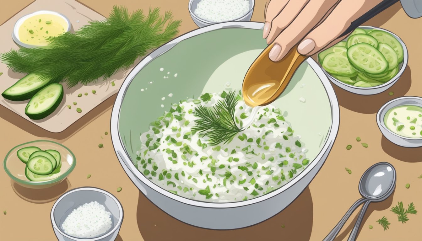 A hand mixing grated cucumber and yogurt with a pinch of salt and garlic in a bowl, then adding a drizzle of olive oil and a sprinkle of chopped fresh dill