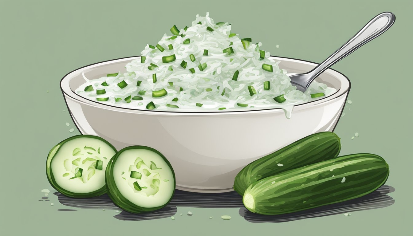 A bowl of tzatziki with a pile of grated cucumber on one side and a spoon scooping out excess liquid on the other