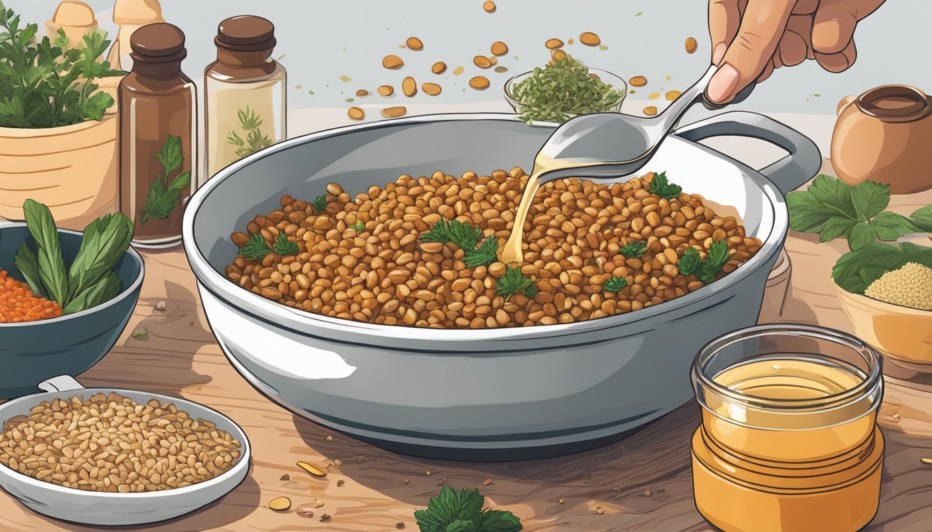 A hand pouring a flavorful sauce onto a bowl of overcooked farro, with various herbs and spices scattered around the dish