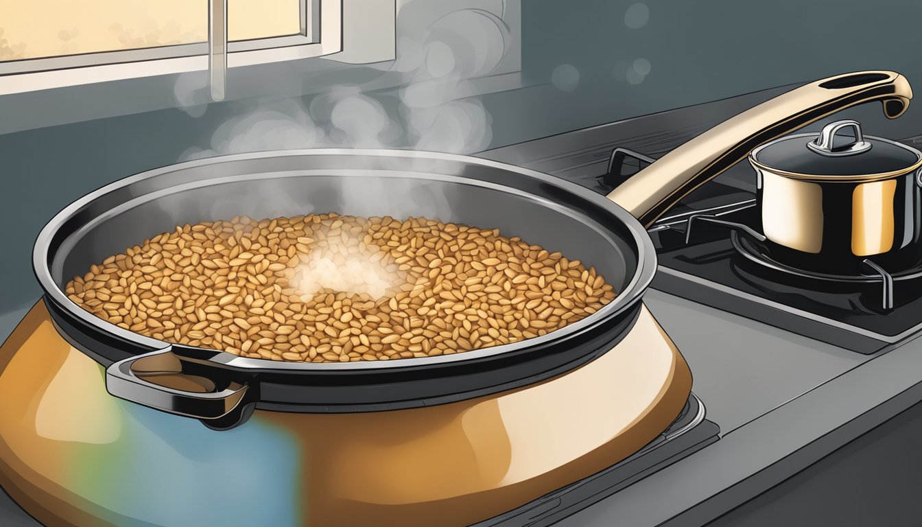 A pot of farro boiling over on a stovetop, with steam rising and grains spilling onto the burner