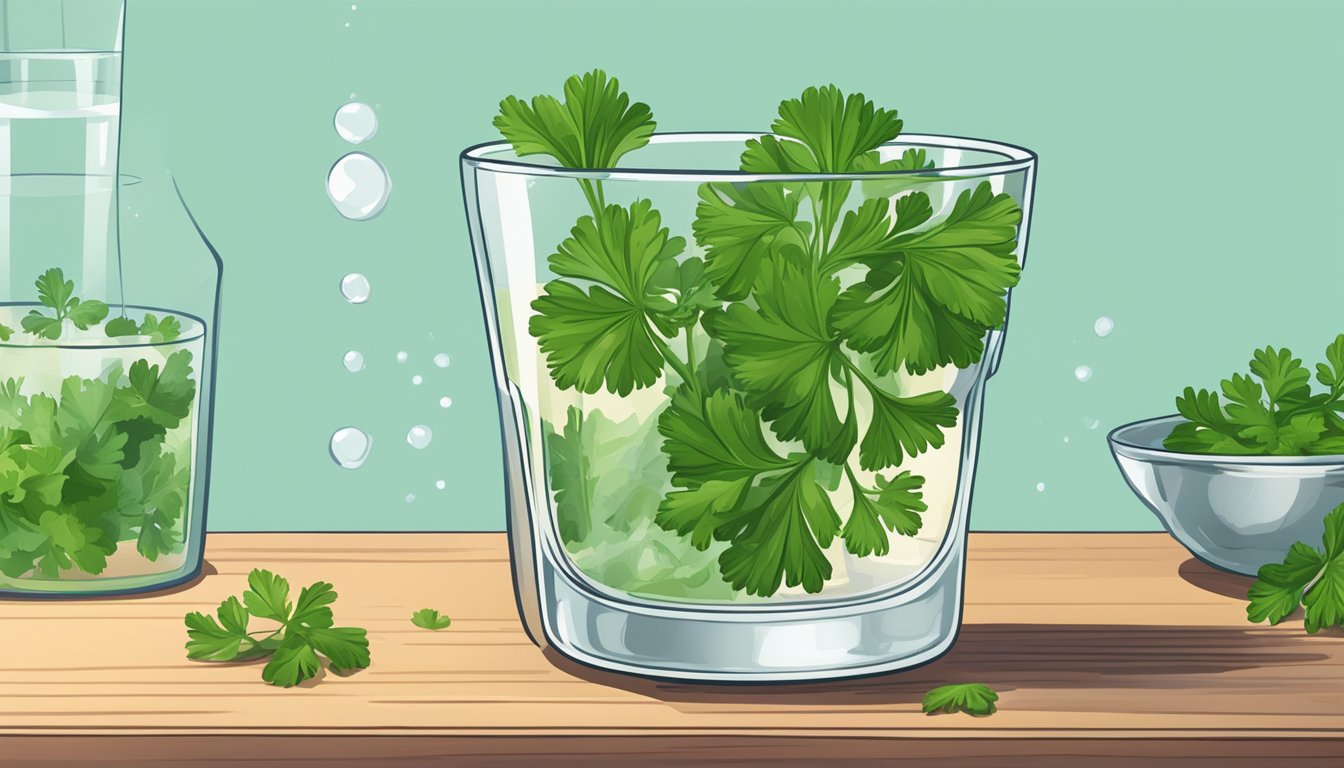 Fresh cilantro being placed in a glass of water to revive