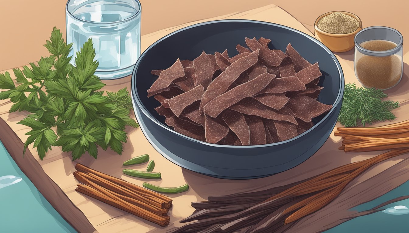 Beef jerky soaking in a bowl of water with added vinegar and sugar, surrounded by various herbs and spices