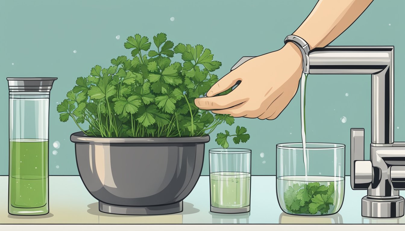 A hand holding a bunch of limp cilantro under running water, then placing it in a glass of water on the kitchen counter