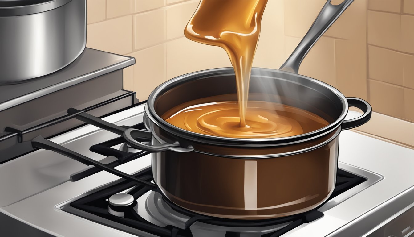 A pot of caramel sauce bubbling on the stove, with a rich, dark brown color and a slightly smoky aroma