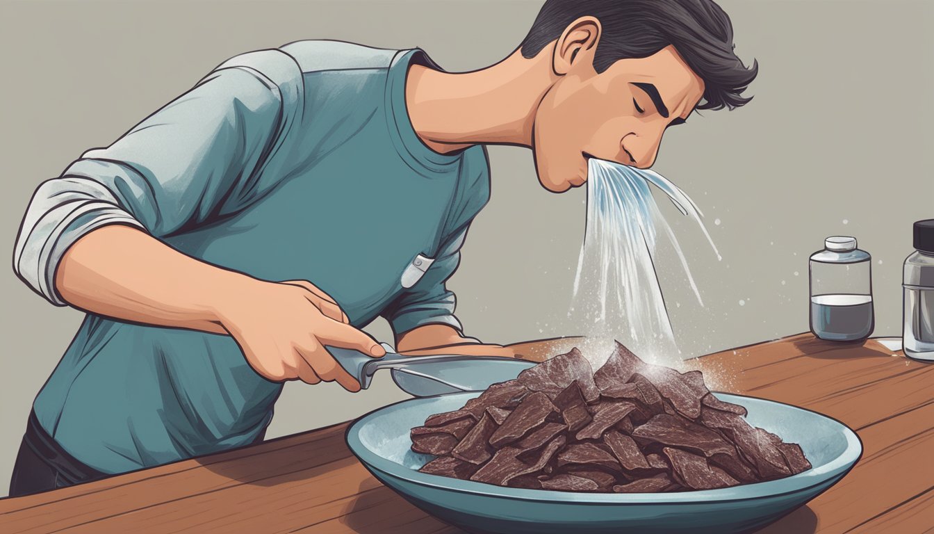 A person pouring a bowl of water over a pile of overly salty beef jerky to dilute the saltiness