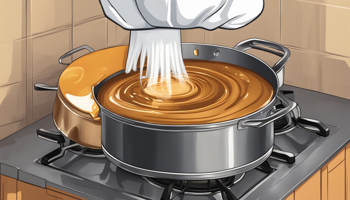 A pot of caramel sauce bubbling on the stove, with a chef frantically stirring and salvaging the burnt mixture