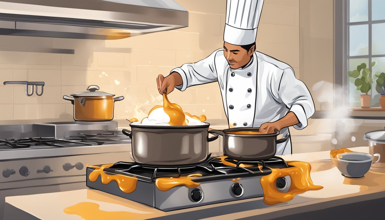 A pot of caramel sauce bubbling on the stove, with a chef adding a splash of cream to save it from burning