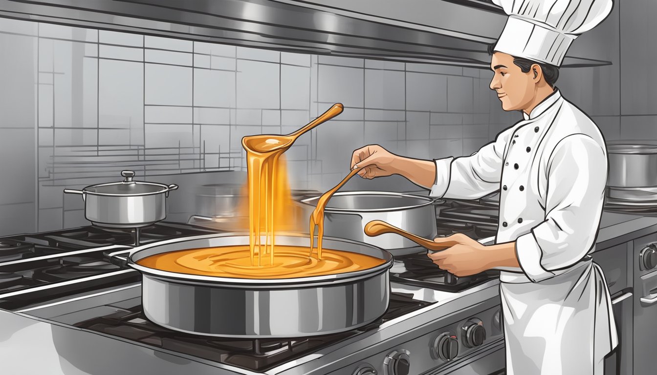 A chef skillfully rescues burnt caramel sauce with precise temperature control and expert stirring