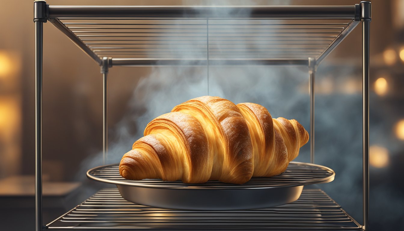 A croissant sitting on a wire rack, surrounded by steam from a hot oven, with a golden, flaky exterior and a soft, warm interior