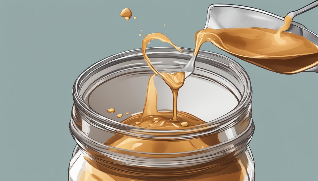 Caramel being poured into a jar, with a spoon scraping the burnt bits from the bottom of the saucepan