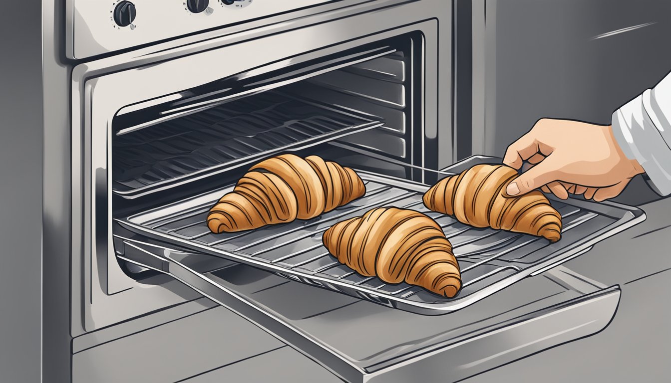 A hand reaching into an oven to place stale croissants on a baking sheet