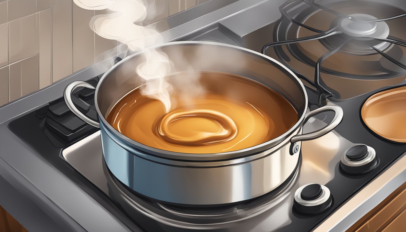 A pot of caramel sauce boiling over on a stovetop, with smoke rising and a burnt smell filling the kitchen