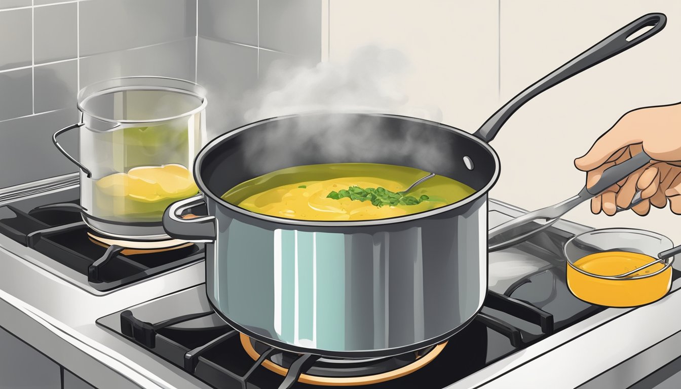 A hand stirring thickening agents into a pot of watery chutney on a stove