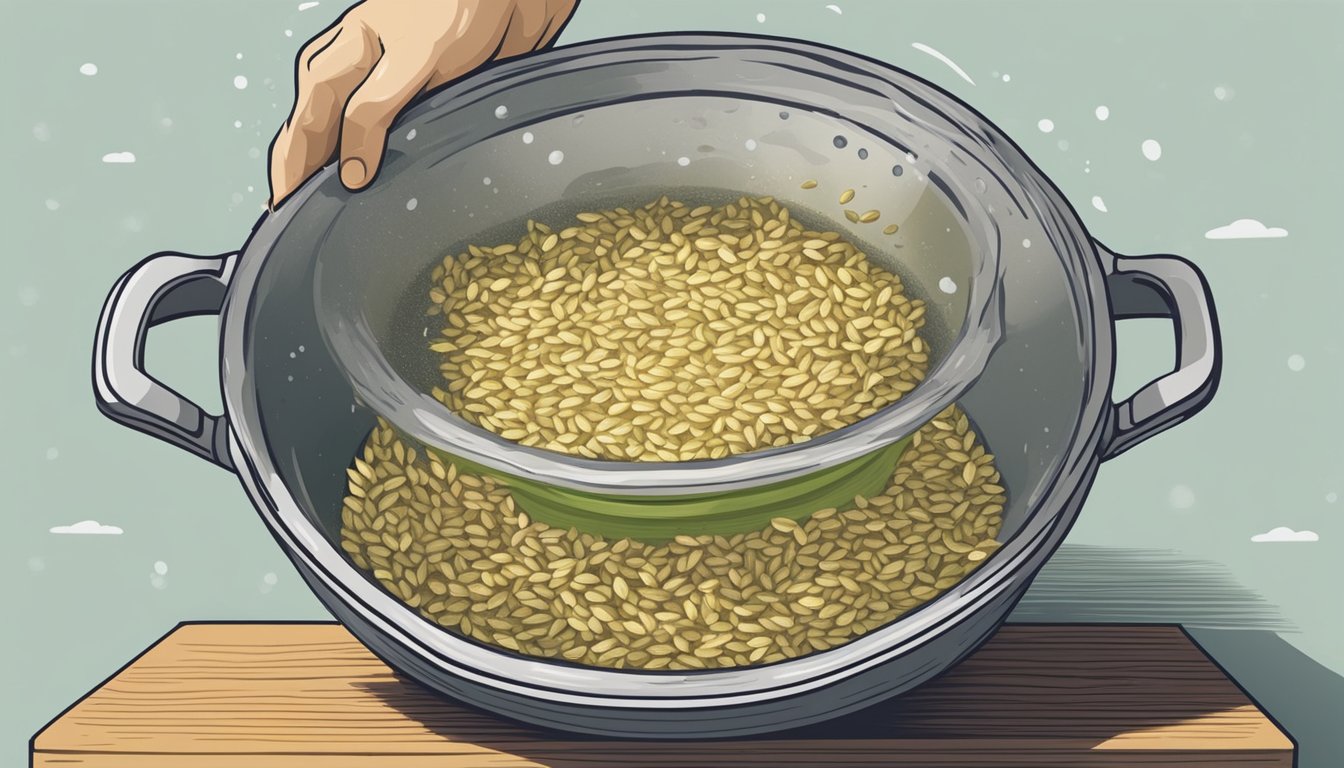 A pot of overcooked barley being rescued by transferring it to a colander under running water