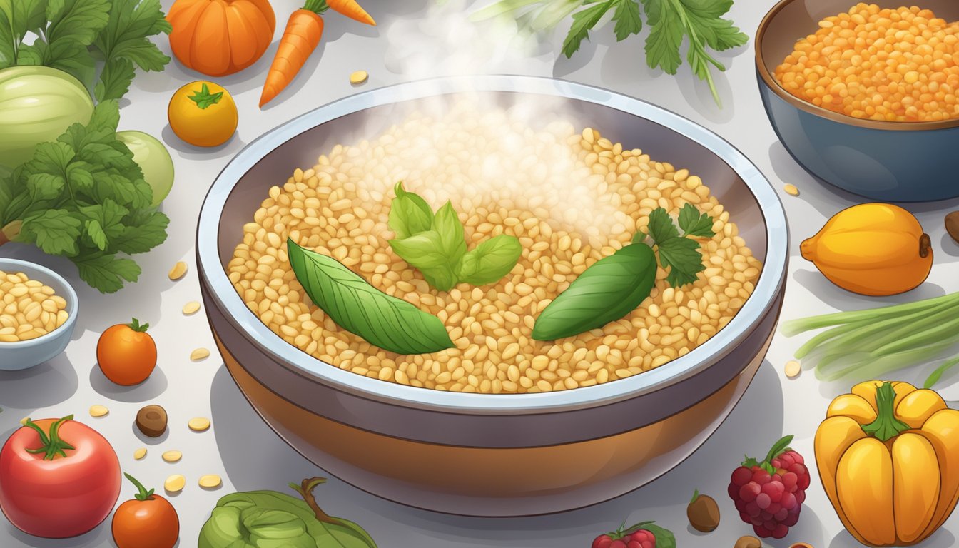 A bowl of overcooked barley with steam rising, surrounded by colorful fruits and vegetables