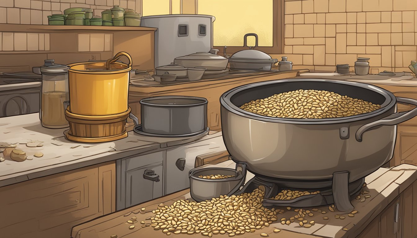 A pot of overcooked barley being salvaged and drained