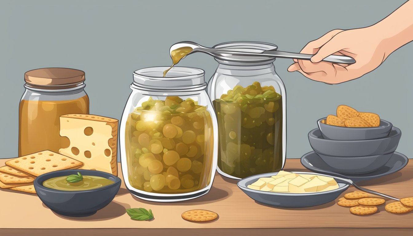 A jar of chutney being poured into a bowl, with a spoon stirring to thicken it. A plate of cheese and crackers nearby