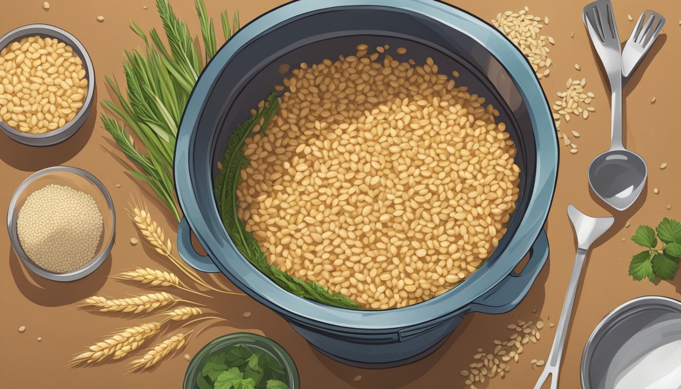 A bowl of overcooked barley being tossed into a compost bin, surrounded by various fresh ingredients and cooking utensils