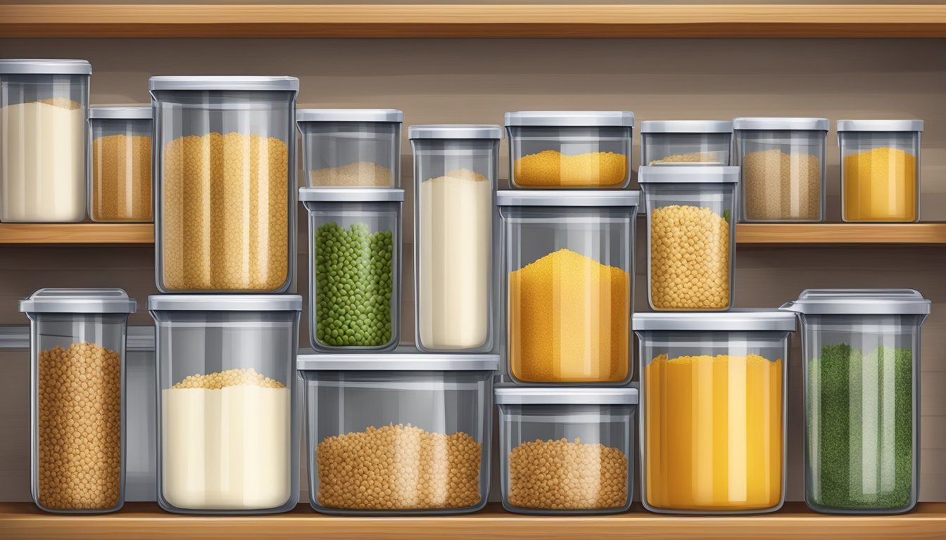 Airtight container with overcooked barley on a kitchen shelf