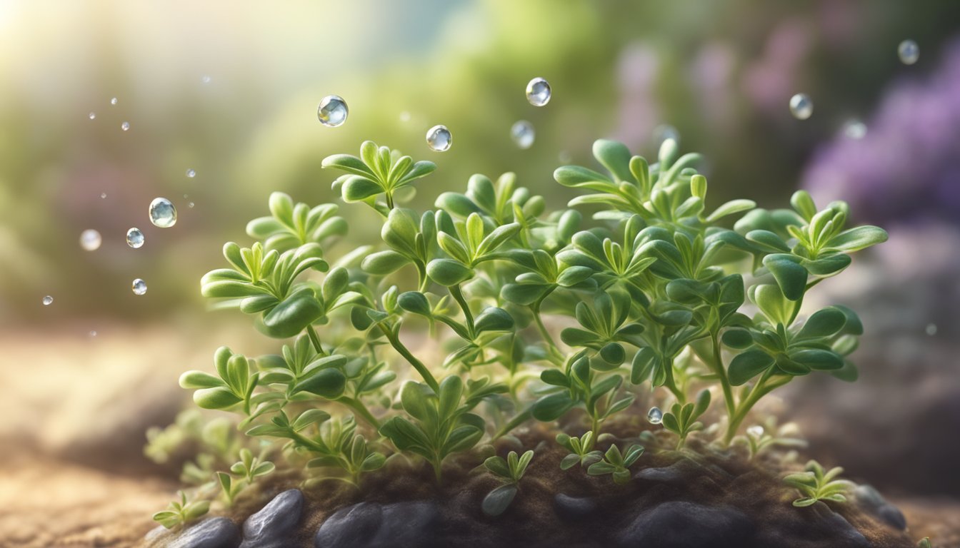 Fresh water droplets revive limp thyme plant in sunlight