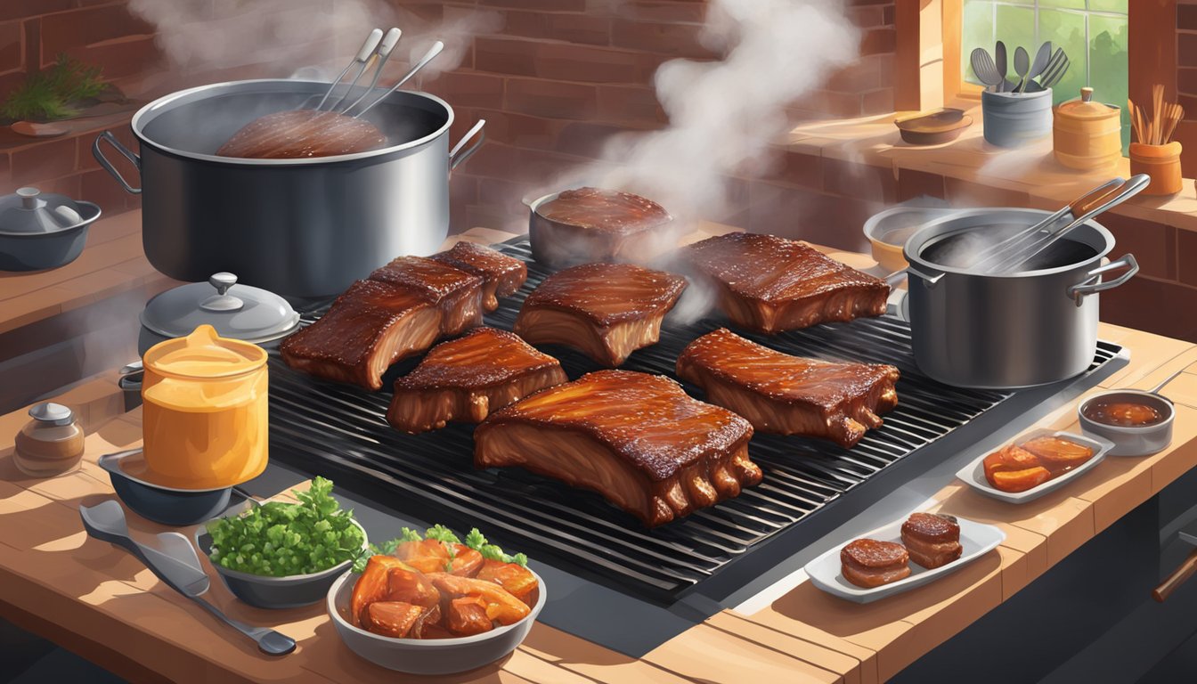 Barbecue ribs being brushed with a glaze, steam rising from the sizzling meat, surrounded by pots and pans