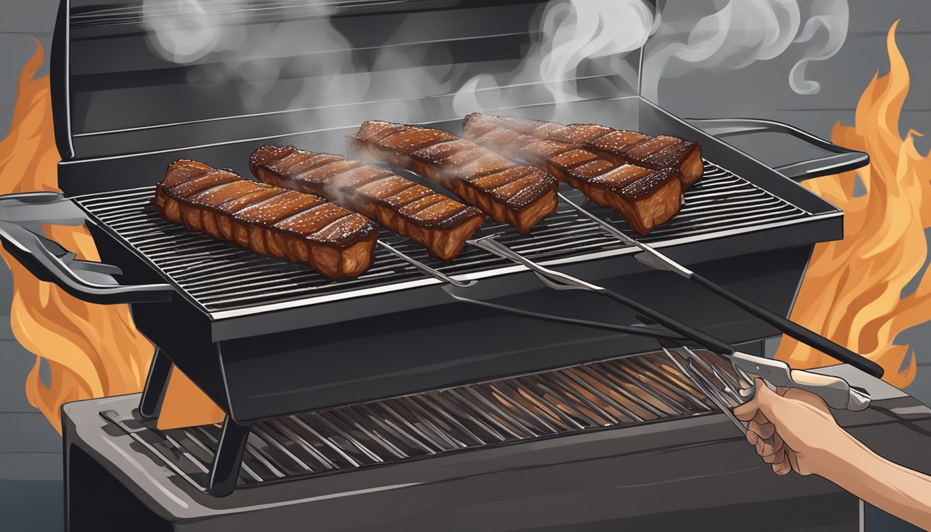 Barbecue ribs on a grill, with smoke rising and a hand holding tongs