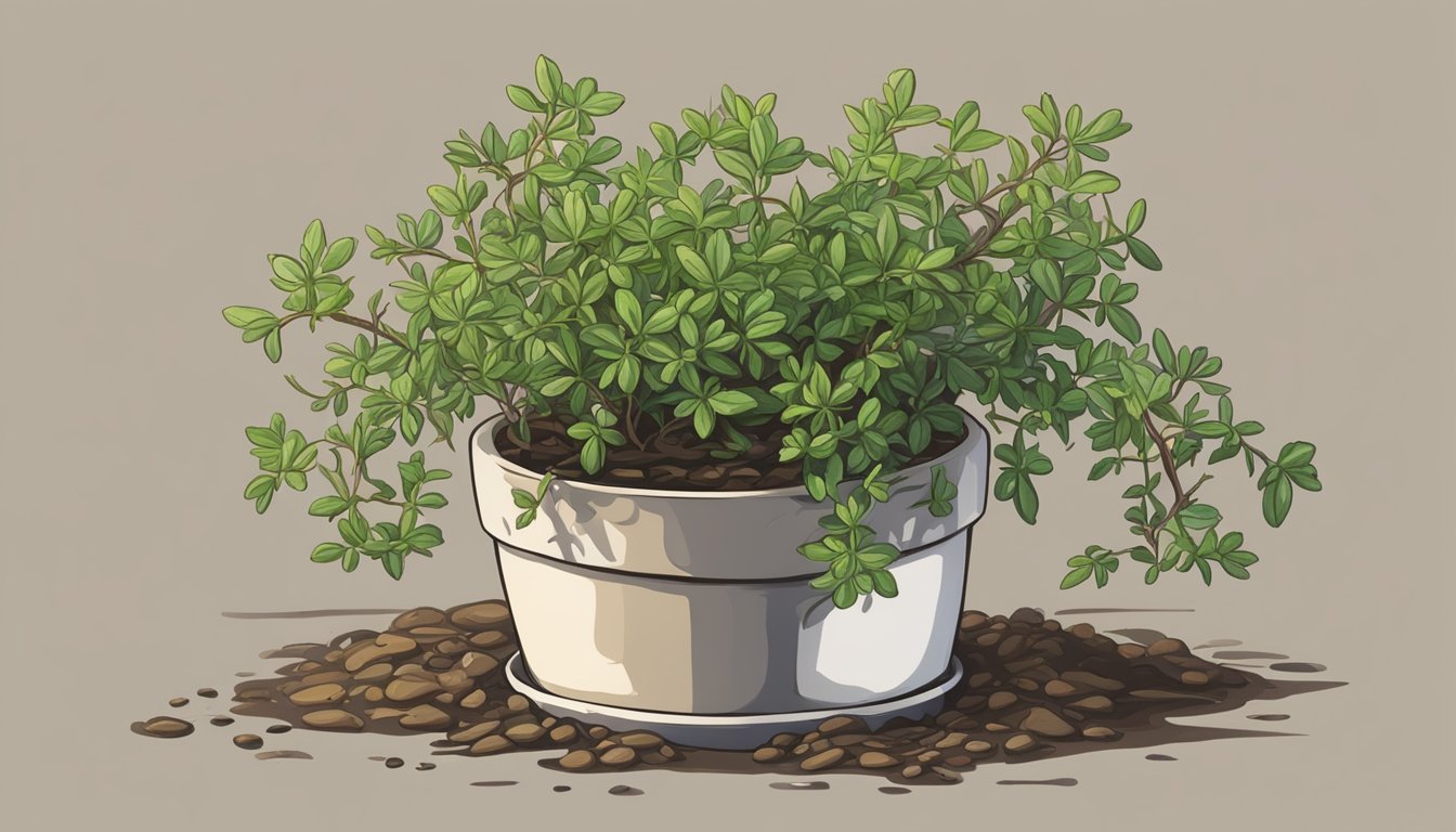 A wilted thyme plant in a small pot, surrounded by dry soil and drooping leaves, with a sad and wilted appearance