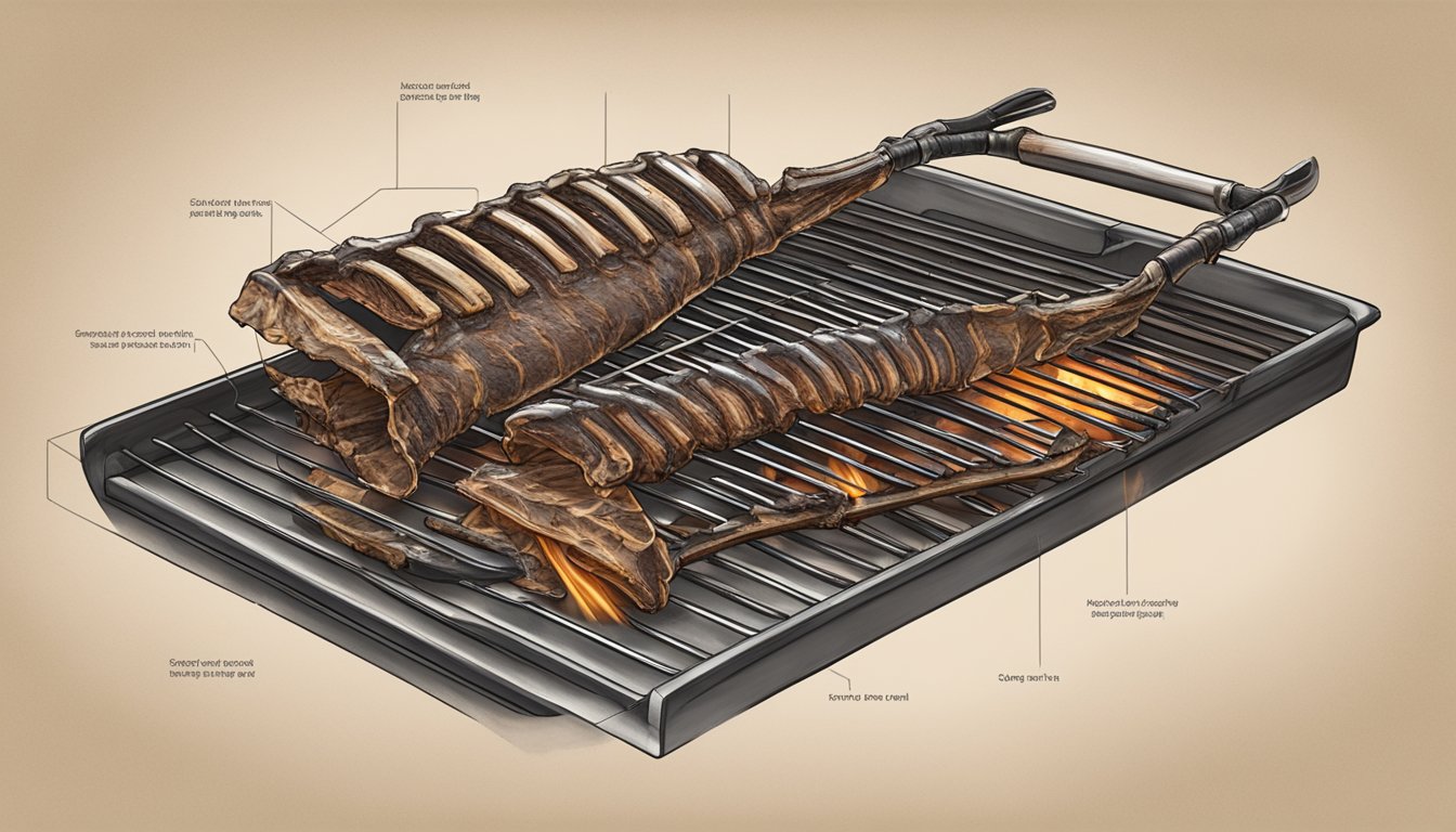 A diagram of a dissected rib cage with charred barbecue ribs being salvaged from a grill