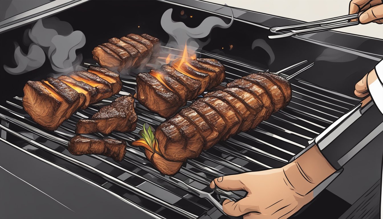 A hand reaching for a smoking barbecue grill, tongs in hand, removing charred ribs before they burn