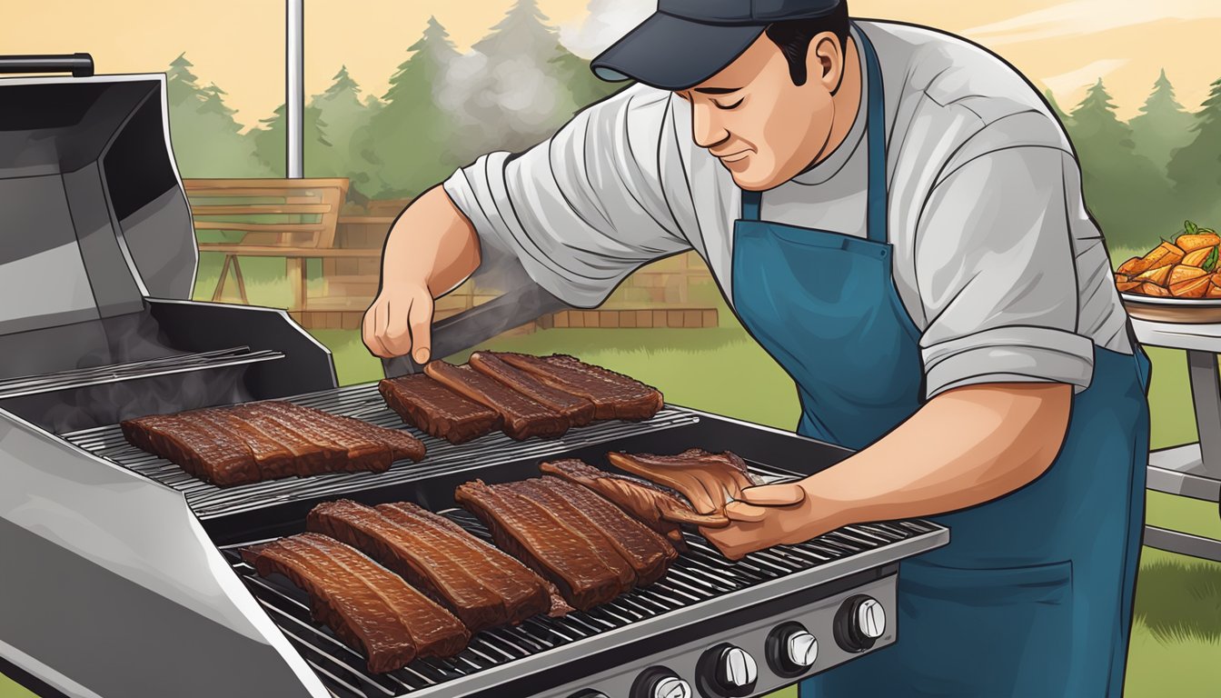 A rack of smoked ribs being carefully removed from the grill to prevent burning