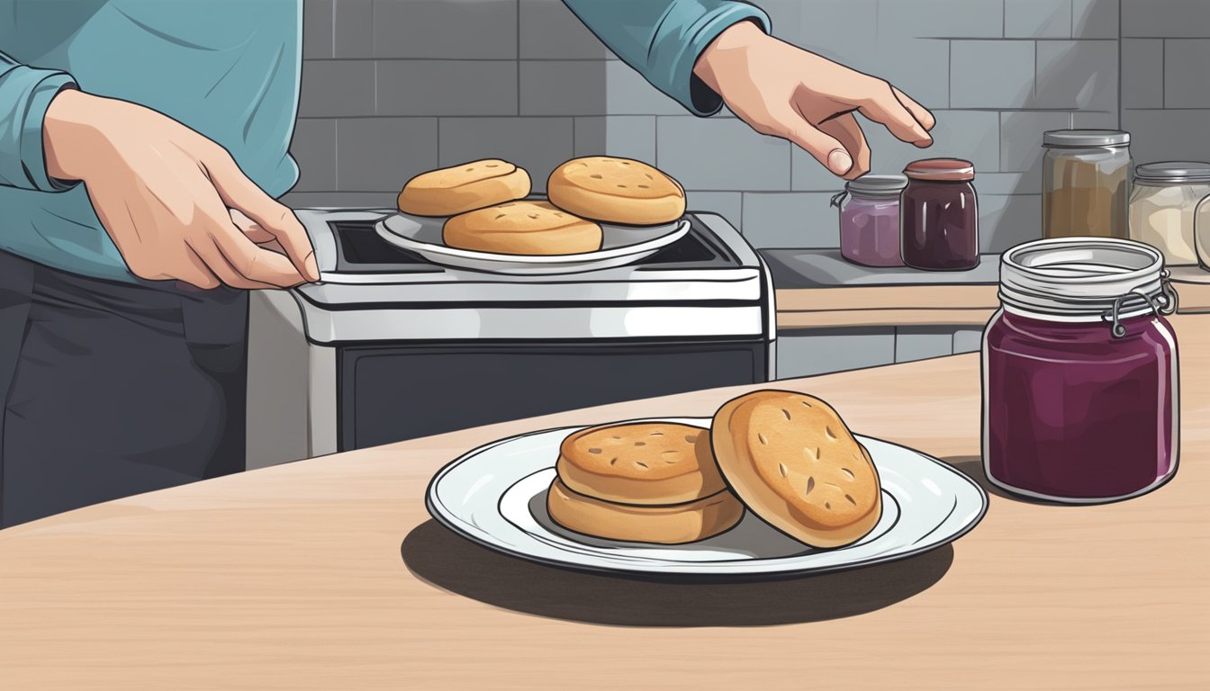 A hand reaching for a stale English muffin, a toaster in the background, and a jar of jam on the counter