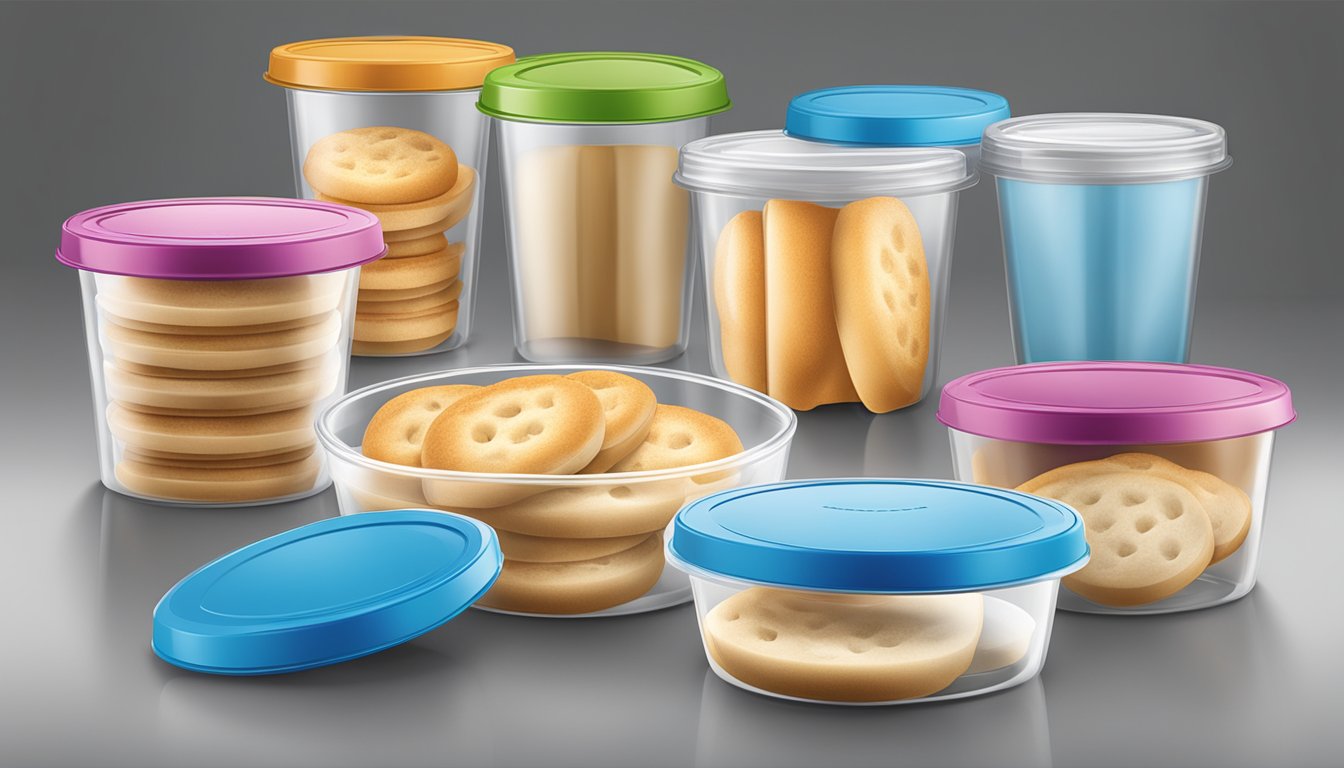 English muffins sealed in airtight containers with moisture-absorbing packets