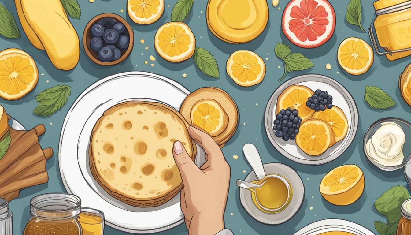 A hand reaching for a stale English muffin, surrounded by ingredients like butter, honey, and fresh fruit, ready to be revitalized